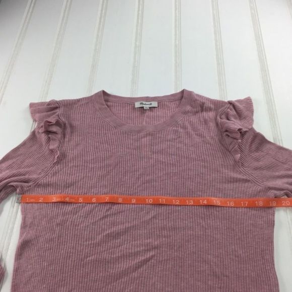 Madewell XL Ruffle Sleeve Pullover Sweater Knit Heather Pink Ribbed Lightweight - Picture 6 of 8
